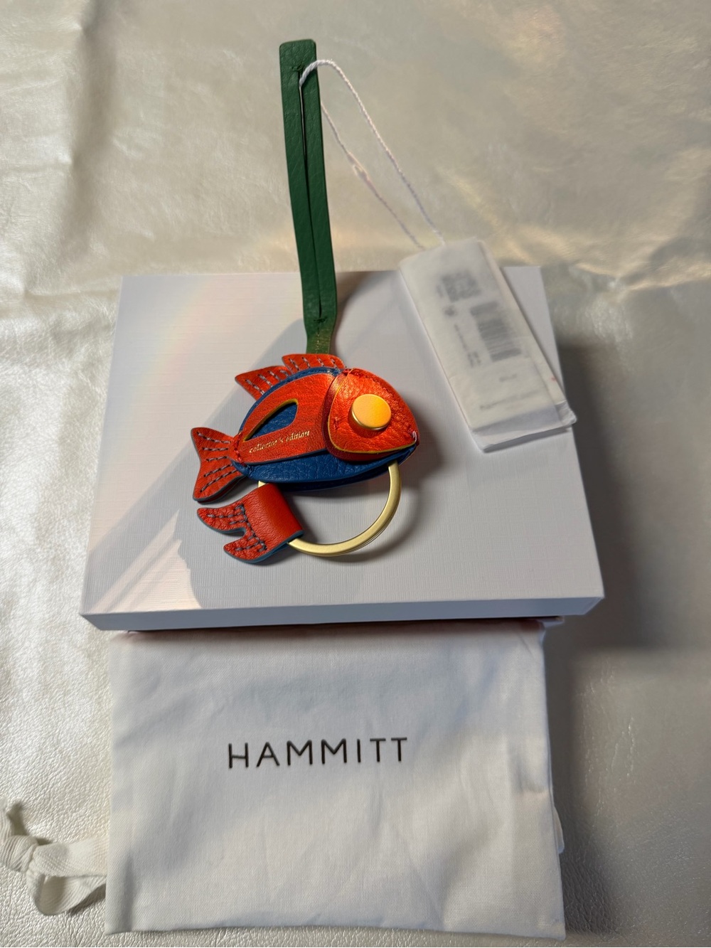 Hammitt Red-Orange & Blue Leather Fish Keyring with Green Strap